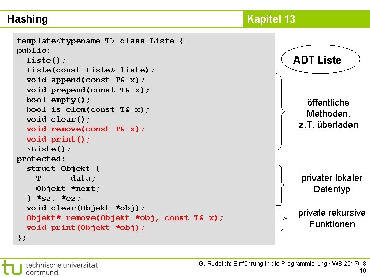 Hashing Kapitel 13 template<typename T> class Liste { public: Liste(); Liste(const Liste& liste); void