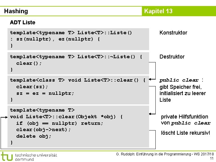 Hashing Kapitel 13 ADT Liste template<typename T> Liste<T>: : Liste() : sz(nullptr), ez(nullptr) {