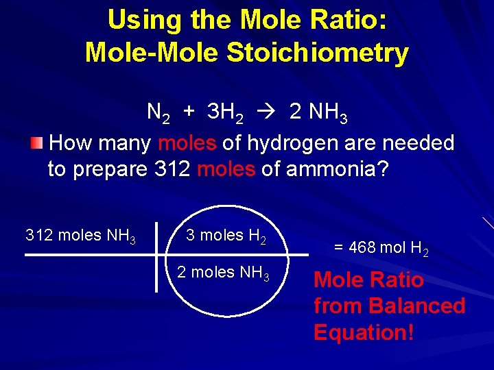 Using the Mole Ratio: Mole-Mole Stoichiometry N 2 + 3 H 2 2 NH
