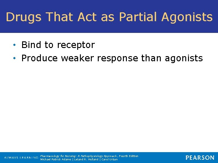 Drugs That Act as Partial Agonists • Bind to receptor • Produce weaker response