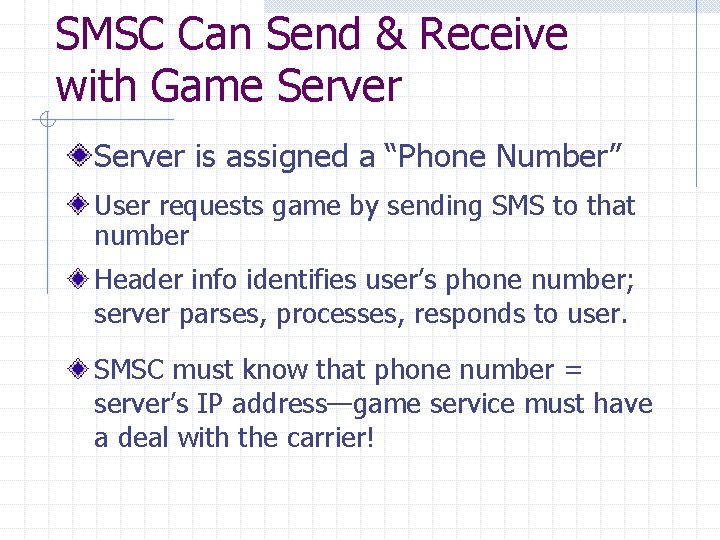 SMSC Can Send & Receive with Game Server is assigned a “Phone Number” User