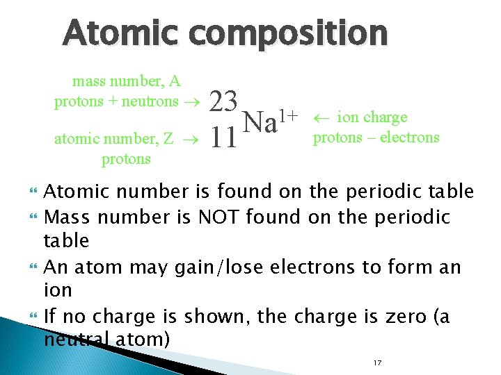 Atomic composition mass number, A protons + neutrons atomic number, Z protons 23 1+