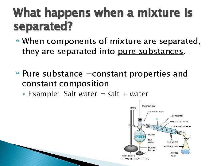 What happens when a mixture is separated? When components of mixture are separated, they