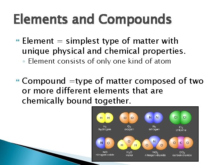 Elements and Compounds Element = simplest type of matter with unique physical and chemical