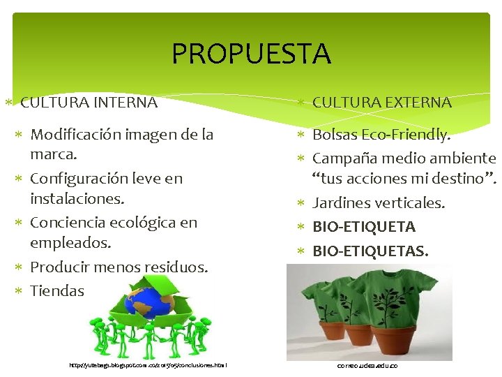 PROPUESTA CULTURA INTERNA Modificación imagen de la marca. Configuración leve en instalaciones. Conciencia ecológica