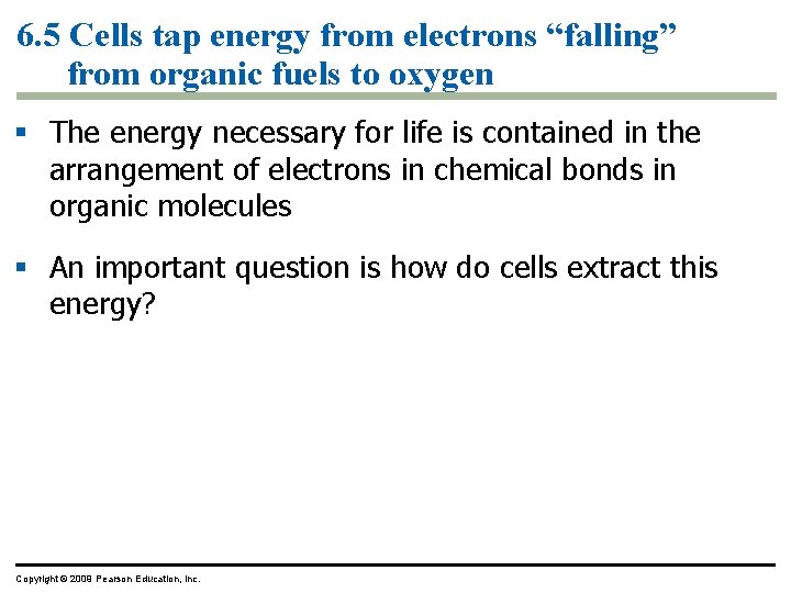 6. 5 Cells tap energy from electrons “falling” from organic fuels to oxygen § 6. 5 Cells tap energy from electrons “falling” from organic fuels to oxygen §