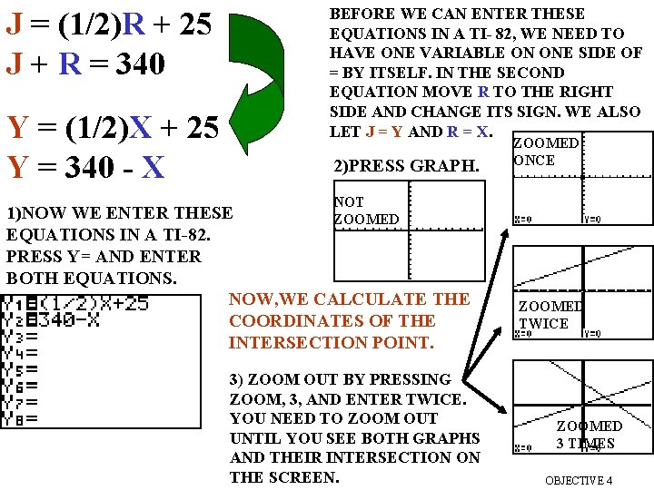 J = (1/2)R + 25 J + R = 340 Y = (1/2)X +