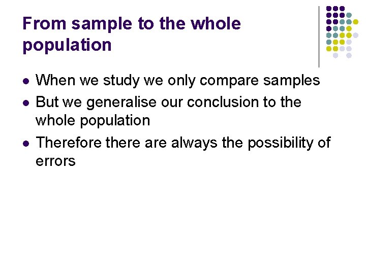 From sample to the whole population l l l When we study we only