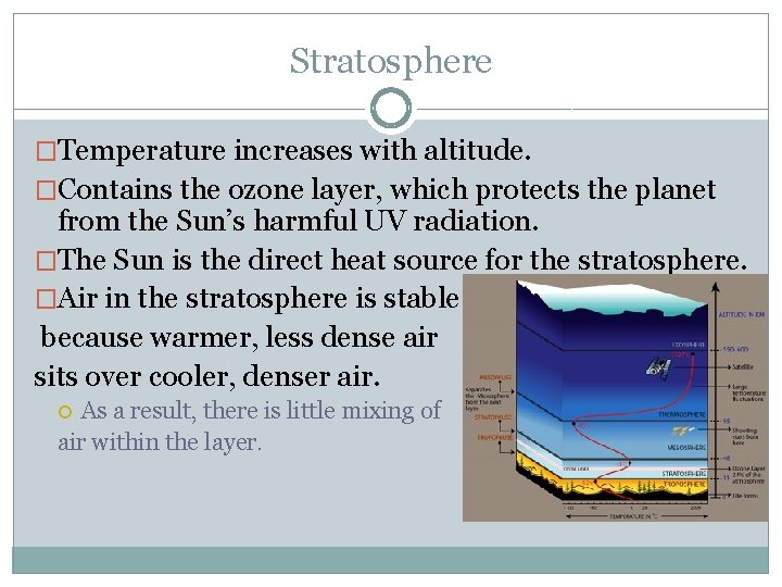 Stratosphere �Temperature increases with altitude. �Contains the ozone layer, which protects the planet from