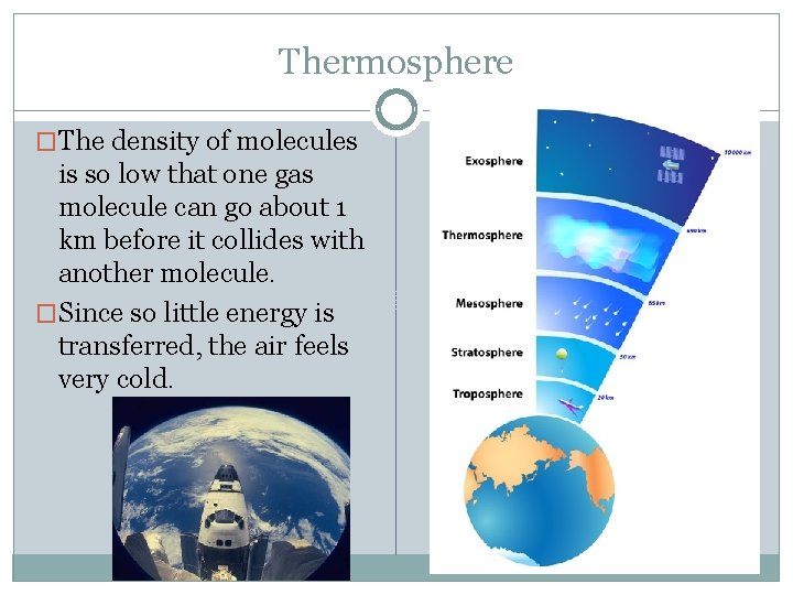 Thermosphere �The density of molecules is so low that one gas molecule can go