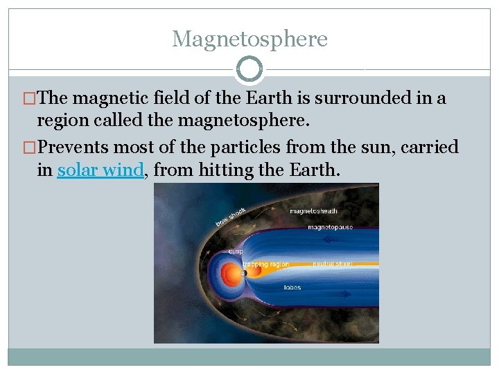 Magnetosphere �The magnetic field of the Earth is surrounded in a region called the