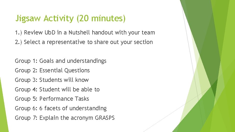 Jigsaw Activity (20 minutes) 1. ) Review Ub. D in a Nutshell handout with