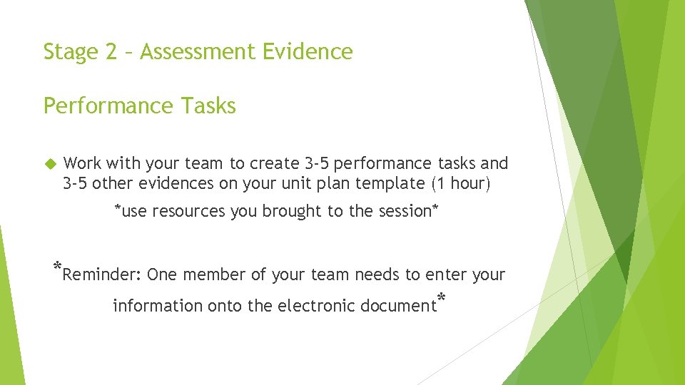 Stage 2 – Assessment Evidence Performance Tasks Work with your team to create 3