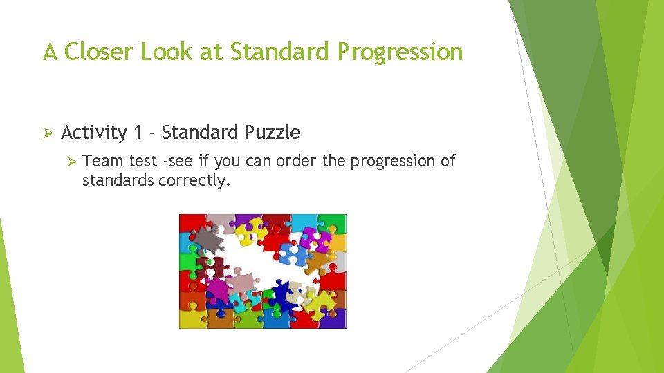 A Closer Look at Standard Progression Ø Activity 1 - Standard Puzzle Ø Team