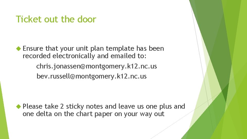 Ticket out the door Ensure that your unit plan template has been recorded electronically