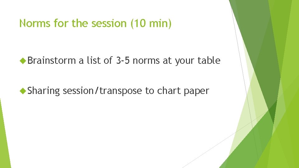 Norms for the session (10 min) Brainstorm Sharing a list of 3 -5 norms