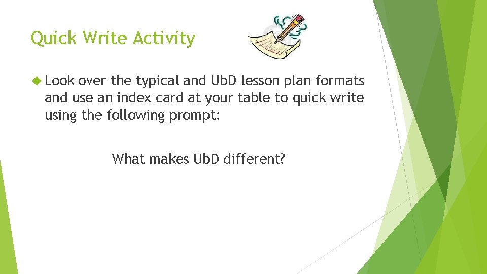 Quick Write Activity Look over the typical and Ub. D lesson plan formats and