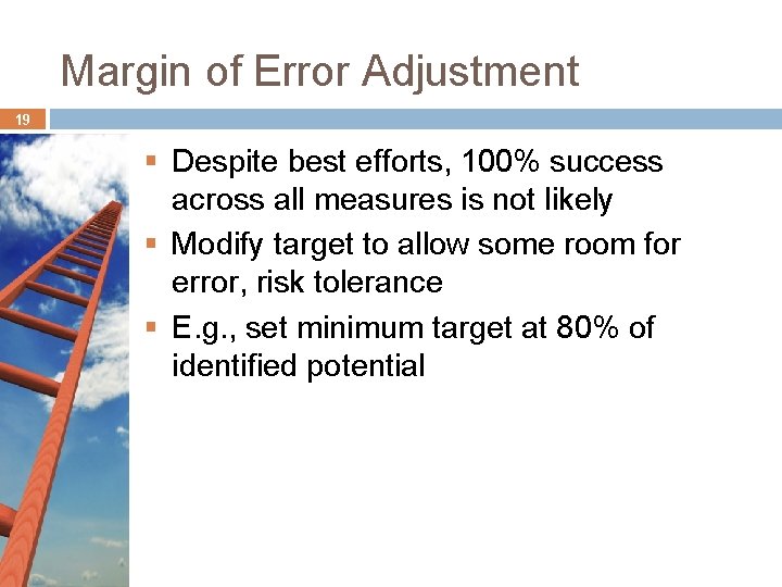 Margin of Error Adjustment 19 § Despite best efforts, 100% success across all measures Margin of Error Adjustment 19 § Despite best efforts, 100% success across all measures