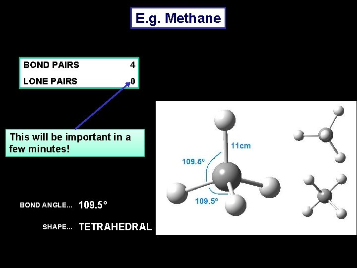 E. g. Methane BOND PAIRS 4 LONE PAIRS 0 This will be important in