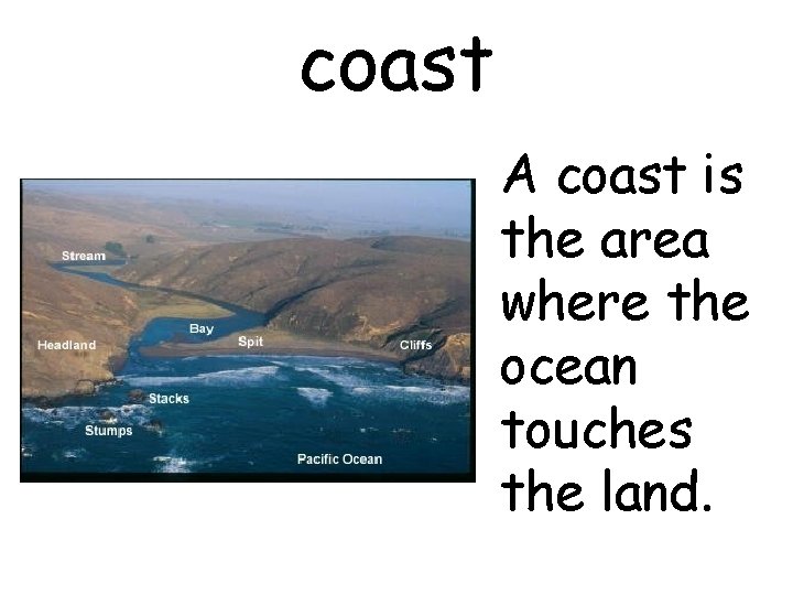 coast A coast is the area where the ocean touches the land. 