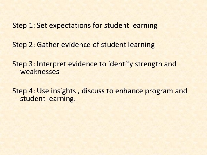 Step 1: Set expectations for student learning Step 2: Gather evidence of student learning