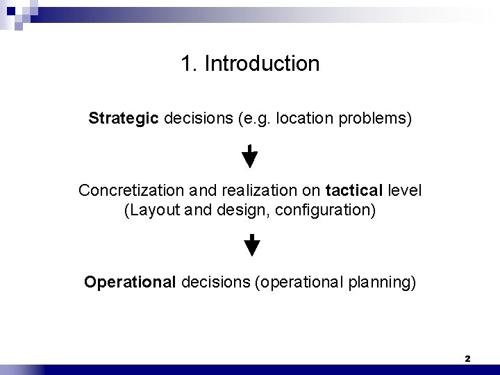 1. Introduction Strategic decisions (e. g. location problems) Concretization and realization on tactical level