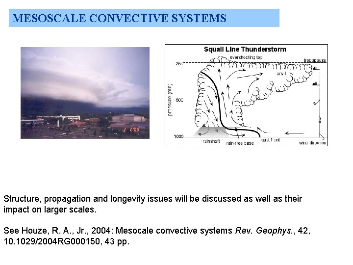 MESOSCALE CONVECTIVE SYSTEMS Structure, propagation and longevity issues will be discussed as well as