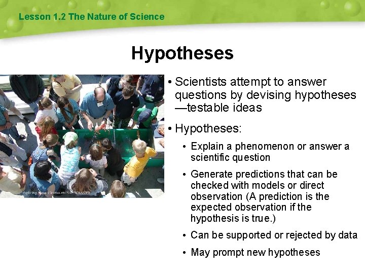 Lesson 1. 2 The Nature of Science Hypotheses • Scientists attempt to answer questions