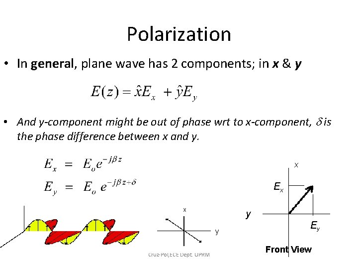 Polarization • In general, plane wave has 2 components; in x & y •