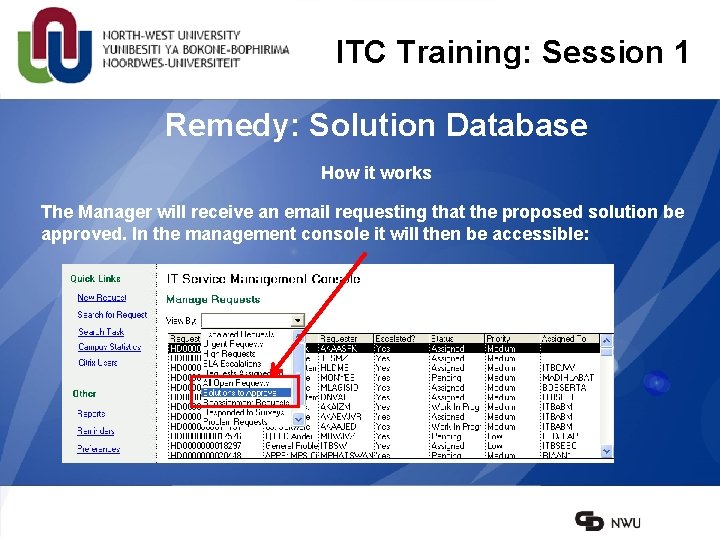 ITC Training: Session 1 Remedy: Solution Database How it works The Manager will receive