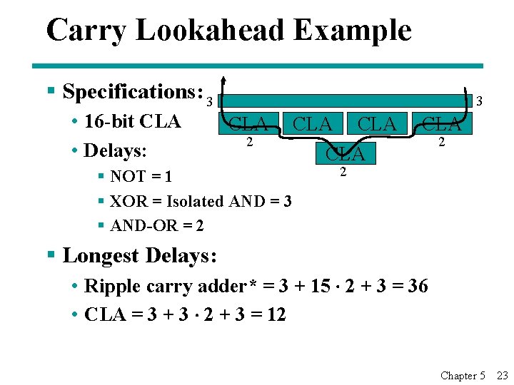 Carry Lookahead Example § Specifications: 3 • 16 -bit CLA • Delays: 3 CLA