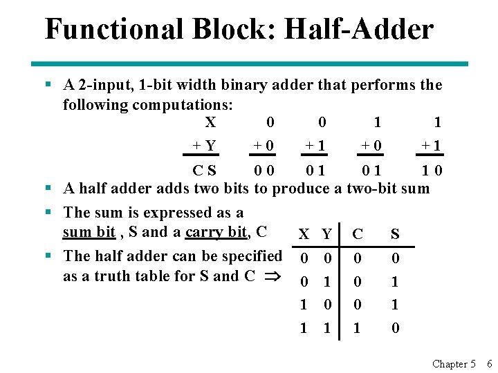 Functional Block: Half-Adder § A 2 -input, 1 -bit width binary adder that performs