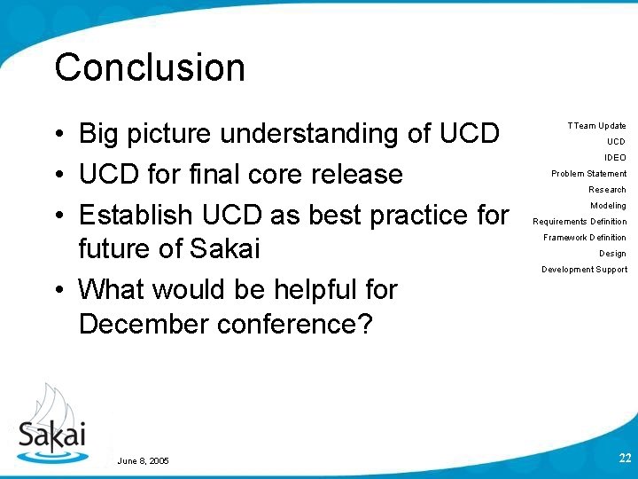 Conclusion • Big picture understanding of UCD • UCD for final core release • Conclusion • Big picture understanding of UCD • UCD for final core release •