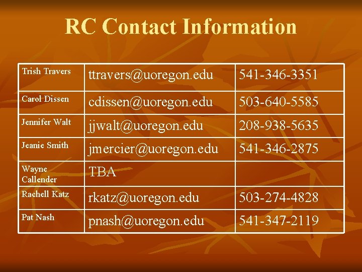 RC Contact Information Trish Travers ttravers@uoregon. edu 541 -346 -3351 Carol Dissen cdissen@uoregon. edu