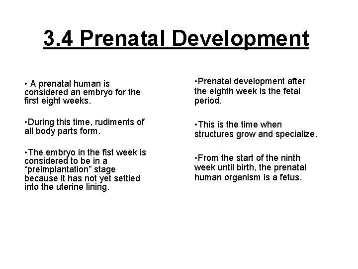3. 4 Prenatal Development • A prenatal human is considered an embryo for the