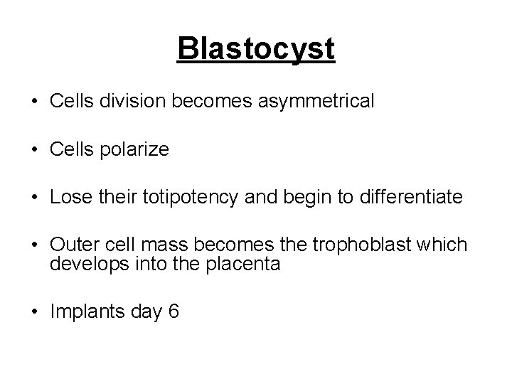 Blastocyst • Cells division becomes asymmetrical • Cells polarize • Lose their totipotency and