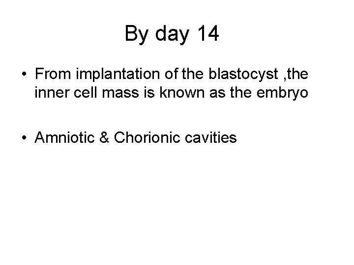 By day 14 • From implantation of the blastocyst , the inner cell mass