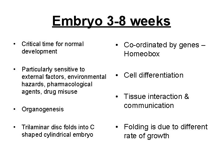 Embryo 3 -8 weeks • Critical time for normal development • Particularly sensitive to