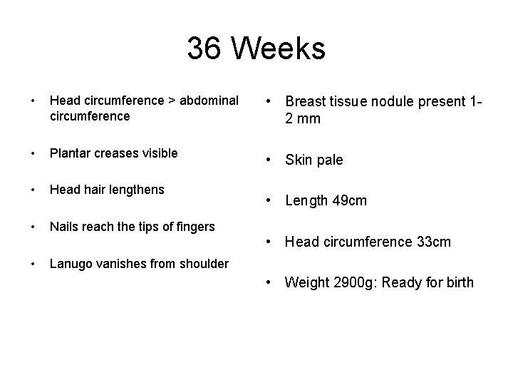 36 Weeks • Head circumference > abdominal circumference • Breast tissue nodule present 12