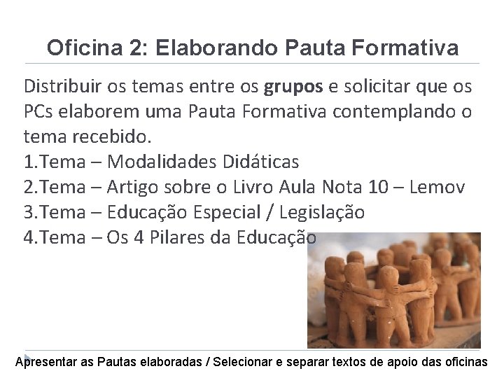 Oficina 2: Elaborando Pauta Formativa Distribuir os temas entre os grupos e solicitar que