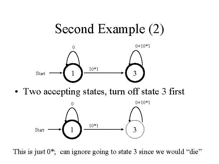 Second Example (2) 0+10*1 0 Start 1 10*1 3 • Two accepting states, turn