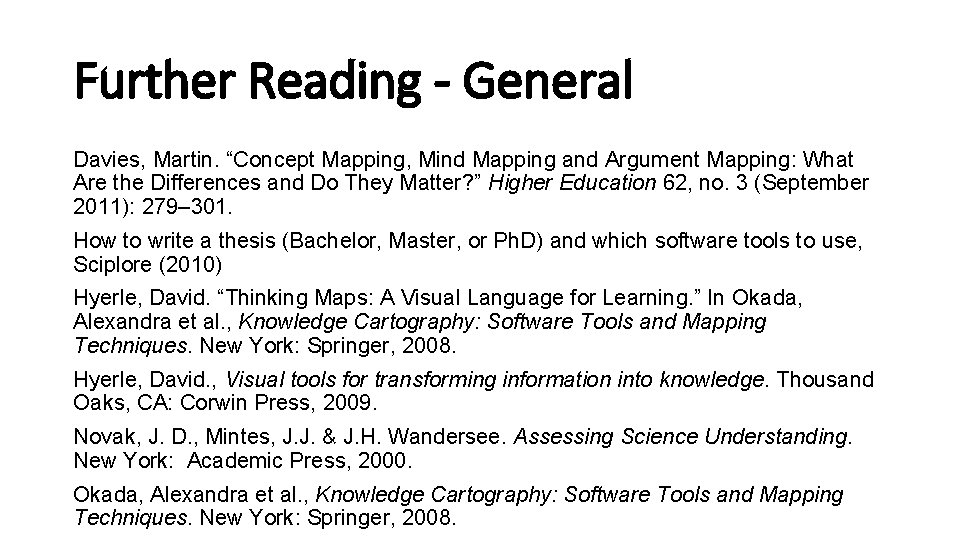 Further Reading - General Davies, Martin. “Concept Mapping, Mind Mapping and Argument Mapping: What Further Reading - General Davies, Martin. “Concept Mapping, Mind Mapping and Argument Mapping: What