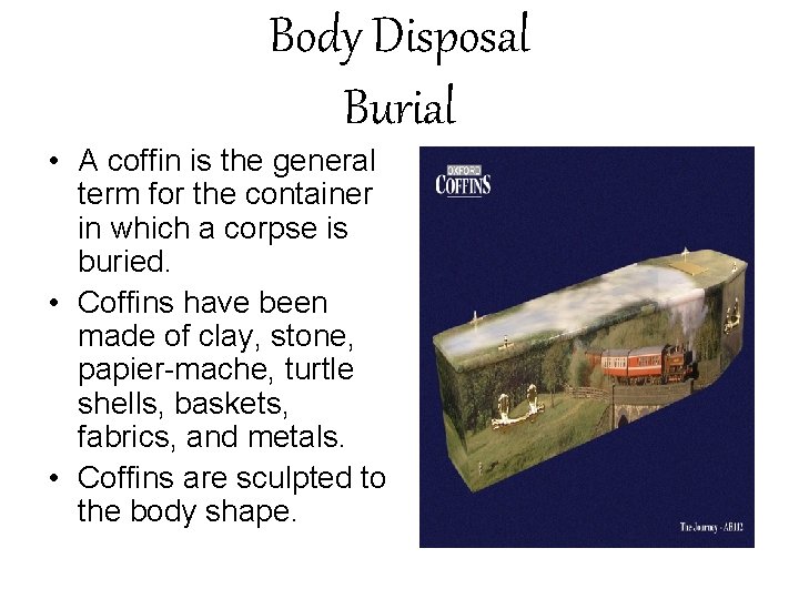 Body Disposal Burial • A coffin is the general term for the container in