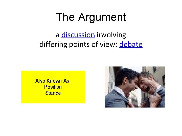 The Argument a discussion involving differing points of view; debate Also Known As: Position