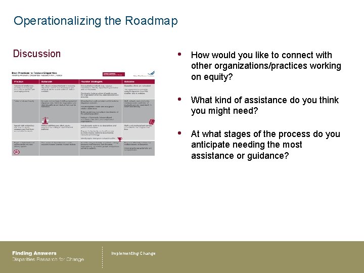 Operationalizing the Roadmap Discussion Implementing Change • How would you like to connect with