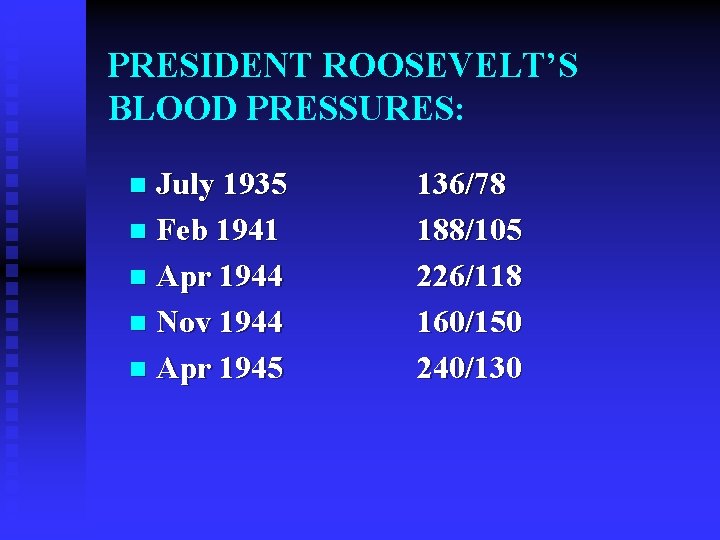 PRESIDENT ROOSEVELT’S BLOOD PRESSURES: July 1935 n Feb 1941 n Apr 1944 n Nov