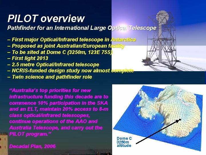 PILOT overview Pathfinder for an International Large Optical Telescope – First major Optical/Infrared telescope