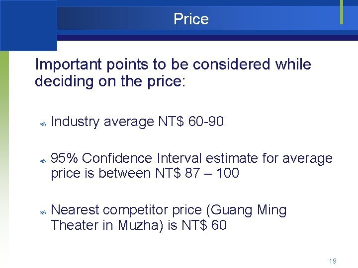 Price Important points to be considered while deciding on the price: Industry average NT$
