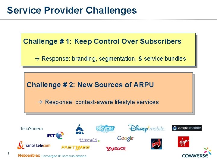 Service Provider Challenges Challenge # 1: Keep Control Over Subscribers Response: branding, segmentation, & Service Provider Challenges Challenge # 1: Keep Control Over Subscribers Response: branding, segmentation, &