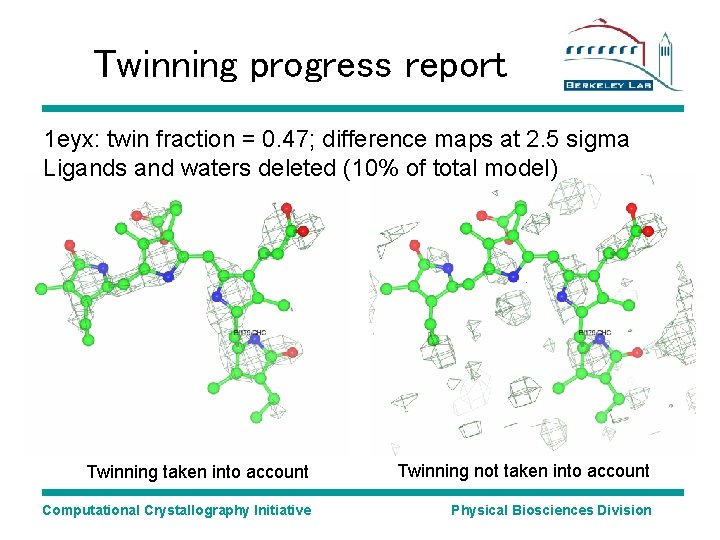 Twinning progress report 1 eyx: twin fraction = 0. 47; difference maps at 2. Twinning progress report 1 eyx: twin fraction = 0. 47; difference maps at 2.